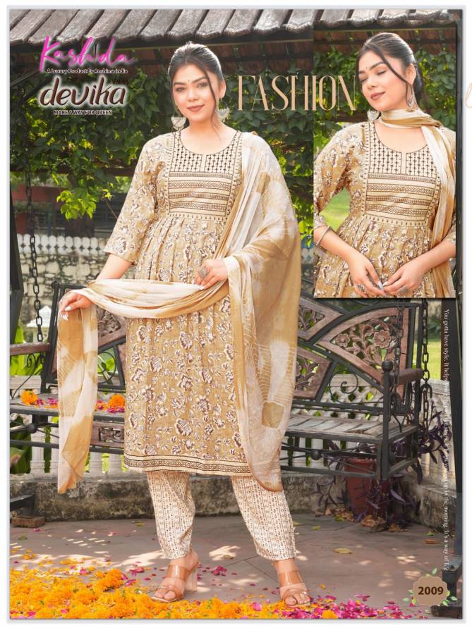 Devika Vol 5 By Kashida Capsule Foil Printed Naira Cut Kurti With Bottom Dupatta Wholesale Online